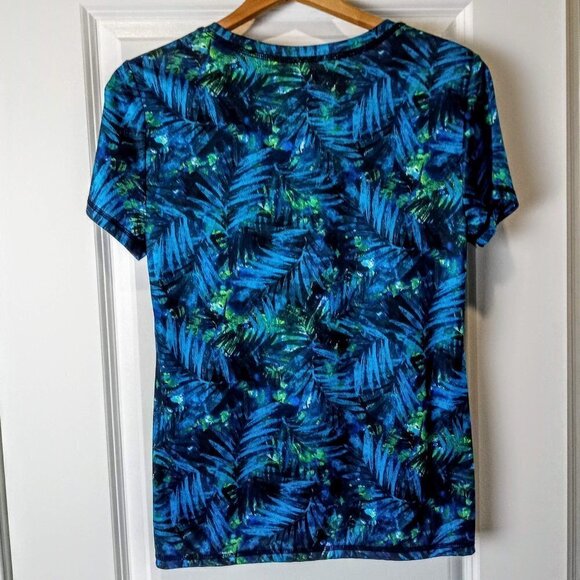 Exertek Blue Green Palm Print SS Activewear Top - Picture 2 of 4